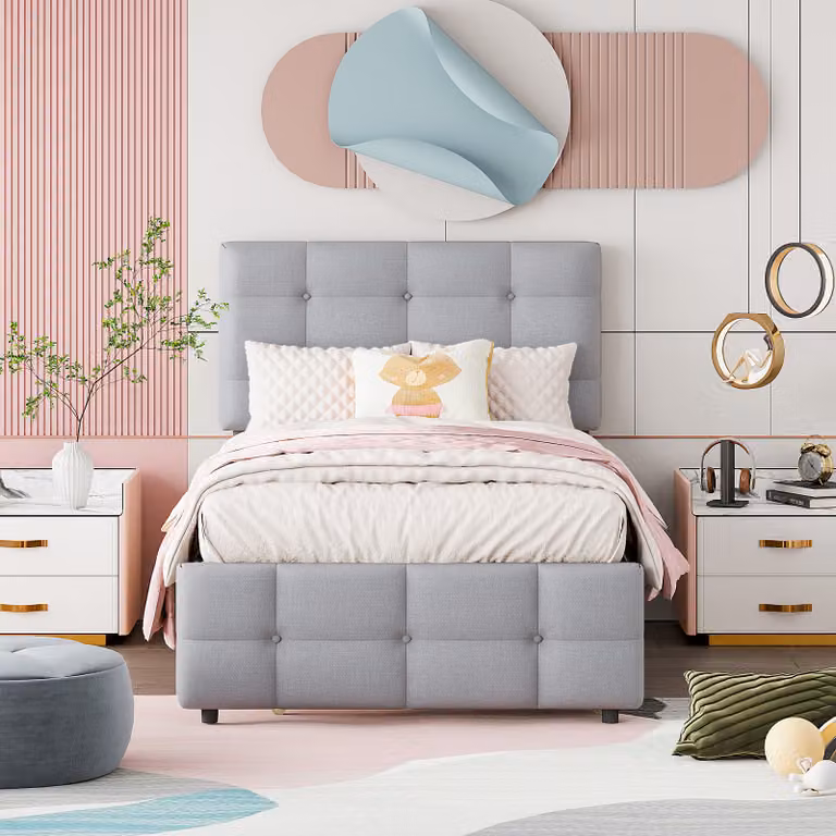 Letto per ragazzi STILVORA 90x200, letto imbottito per bambini con letto estraibile, letto singolo con testiera regolabile in altezza, senza materasso, grigio