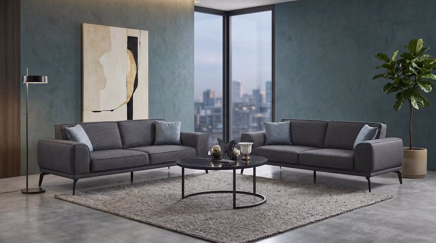 Divano componibile, composto da 3 posti (2 divani a 3 posti), tavolino da caffè moderno, colore nero antracite, stile elegante