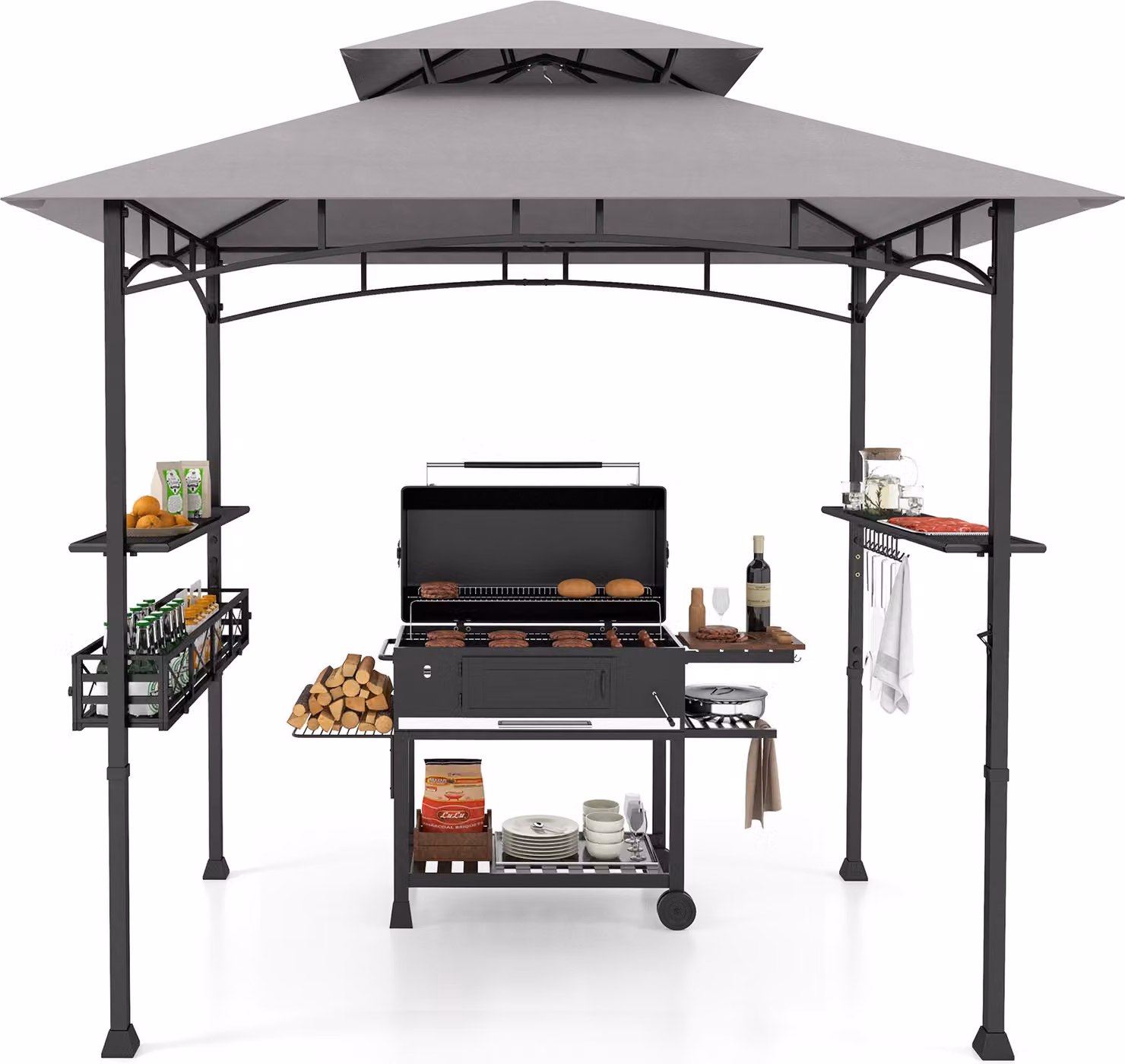 COSTWAY padiglione barbecue resistente alle intemperie, riparo per barbecue con doppio tetto, ripiani laterali, cestino in metallo, ganci e apribottiglie, tettoie per barbecue 242x153x250cm
