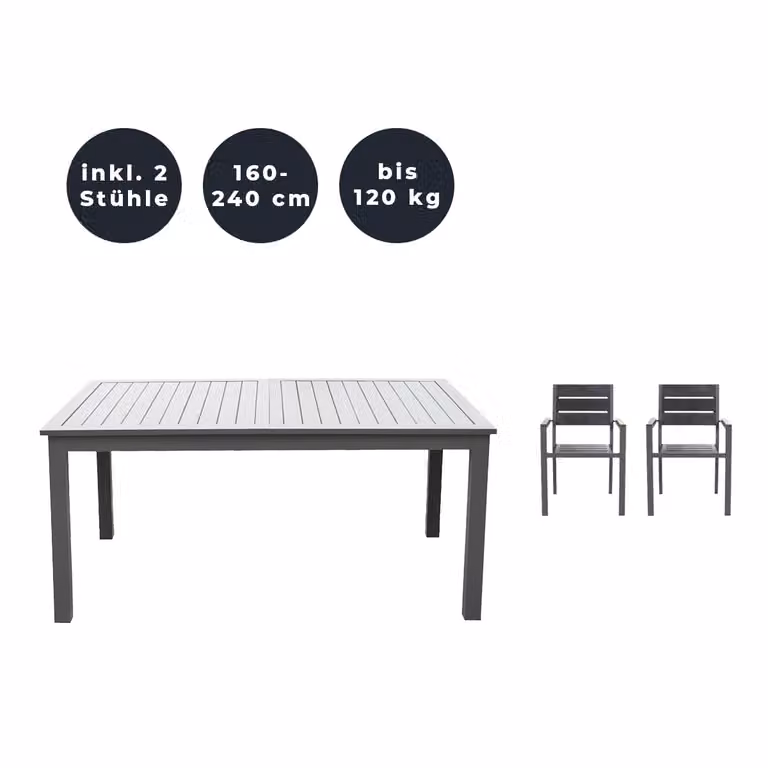 Home Deluxe - Tavolo da giardino allungabile - CASA - ca. 160 (240) x 100 x 74 cm - incl. 2 sedie, struttura in alluminio e piano del tavolo - incl. accessori I Set da giardino tavolo allungabile per balcone