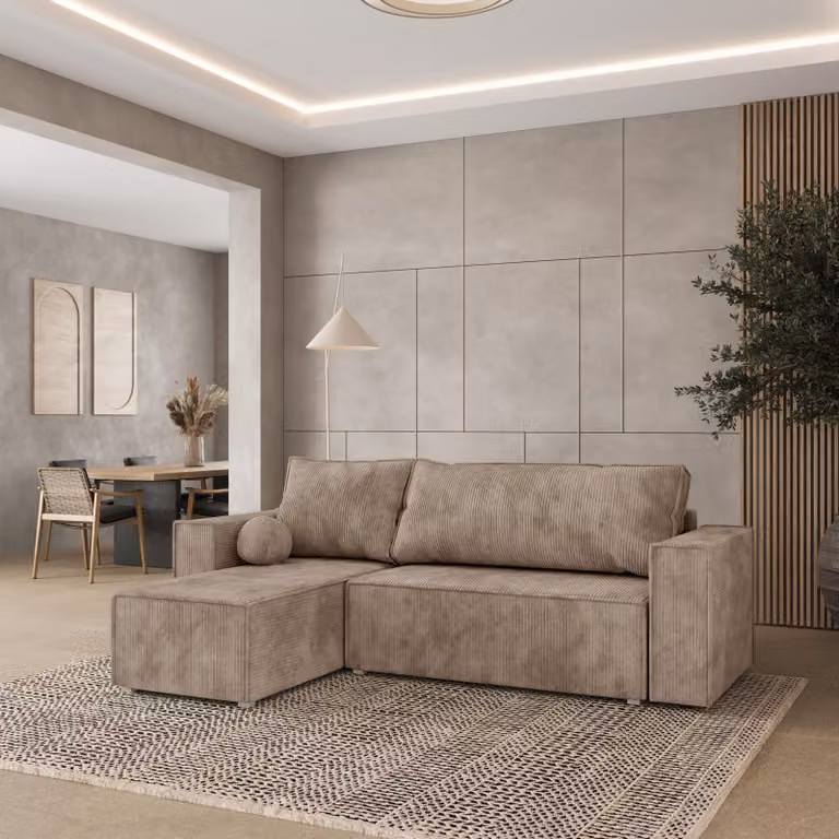 Divano angolare Masseno RAVELO P con funzione letto a L, divano con box letto, divano da salotto, divano, divano, divano letto, set di divani - beige, POSO 02