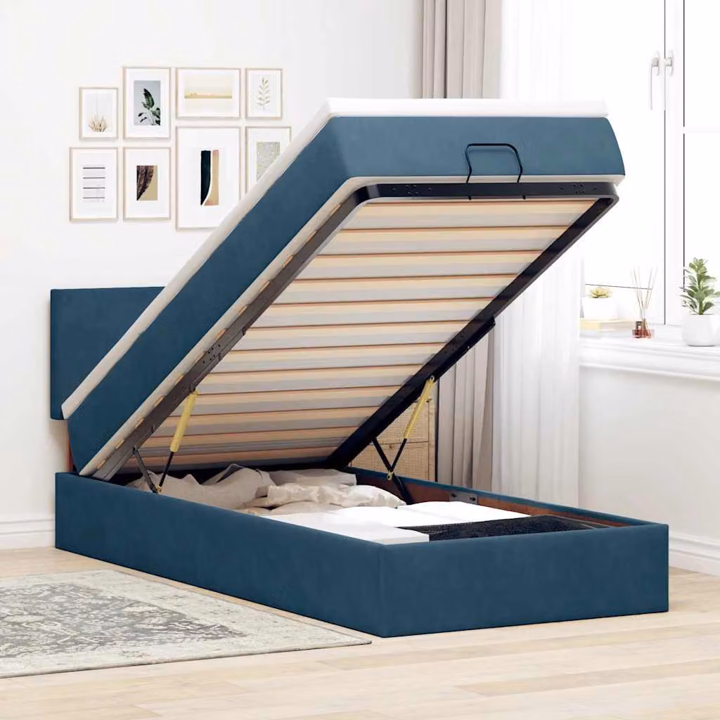 vidaXL Struttura Letto con Materasso e Pouf in Velluto Blu e Bianco, con Base a Sollevamento, Illuminazione Sotto il Letto e Porte USB, L 100 x P 200 x H 88 cm – 1