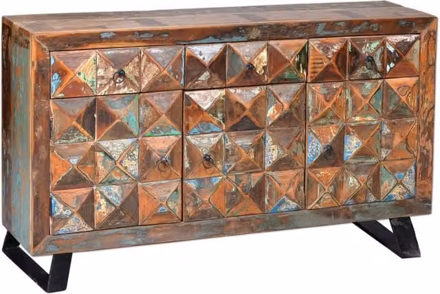 Credenza in legno di acacia marrone con dettagli in metallo e design etnico geometrico per la tua sala da pranzo