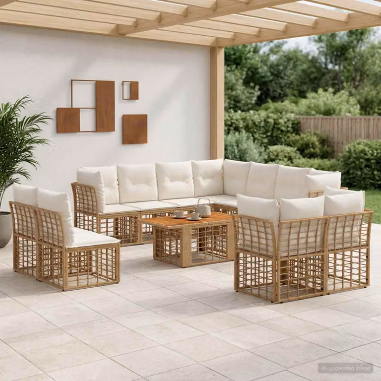 Set Divano da Giardino a L con Tavolino vidaXL in Polyrattan, 12 Pezzi, Colore Naturale e Bianco Crema