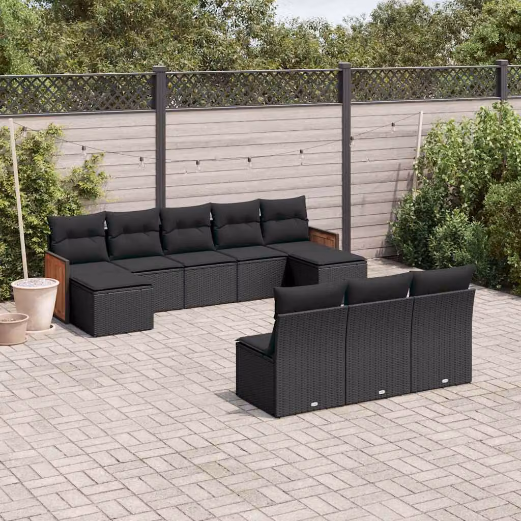 Set di divani da giardino vidaXL a forma di L composto da 10 pezzi con cuscini in polyrattan e struttura in acciaio nero e legno di acacia – 1
