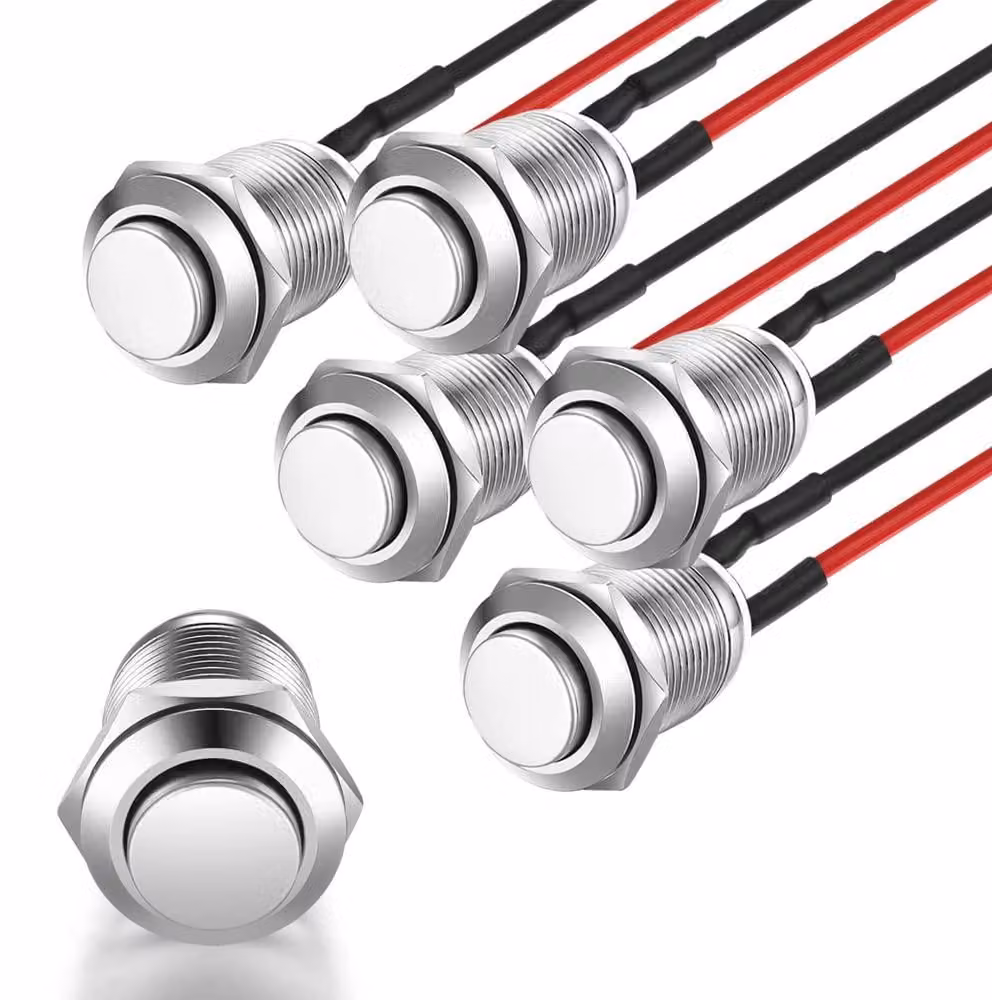5 pezzi di pulsanti a pressione momentanei, pre-cablati, impermeabili, in acciaio inossidabile, con interruttore on/off, diametro 12mm, 2A, 12V/24V/125V/250V AC