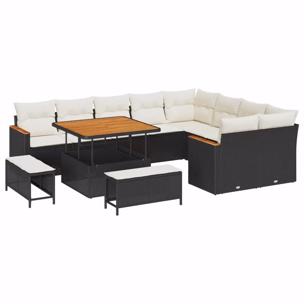 Set Divano da Giardino a Forma di U vidaXL in Polyrattan Nero con Cuscini Beige e Tavolino – 2