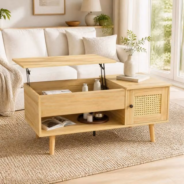 Tavolino basso alzabile Mivray con piano sollevabile e ante effetto rattan per soggiorno, color legno, nero e beige, L: 120 cm, P: 60 cm, H: 45 cm