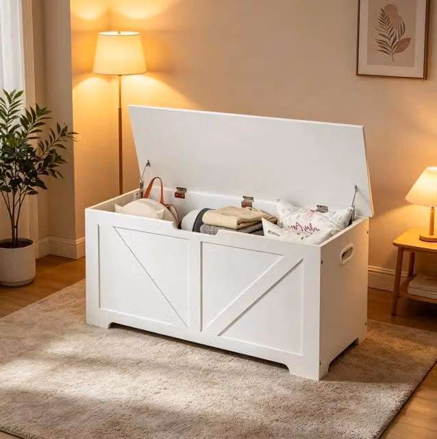 Panca contenitore bianca 100 cm in legno con coperchio a cerniera