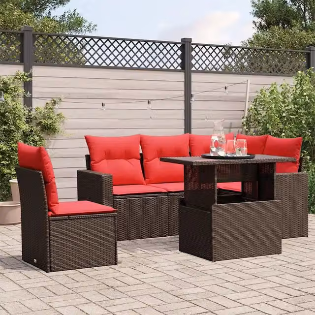 Set da giardino vidaXL composto da 6 pezzi con cuscini marroni in rattan e struttura in metallo per esterno