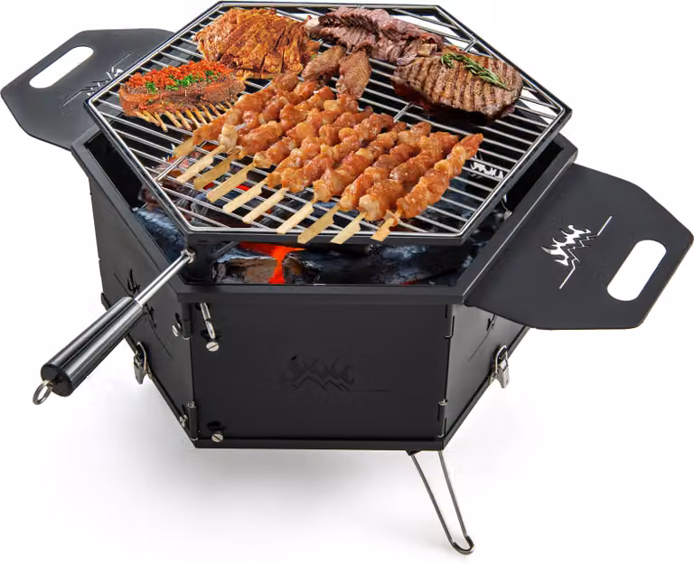 COSTWAY 2 in 1 grande barbecue a carbonella con griglia girevole a 360°, barbecue da campeggio con maniglie per cucinare e riscaldare, ciotola pieghevole per il fuoco 77x74x38cm