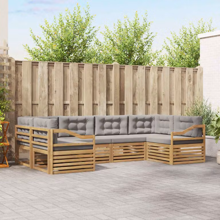 vidaXL Set di divani da esterno a L composto da 6 pezzi in legno di acacia con cuscini bianchi e grigi