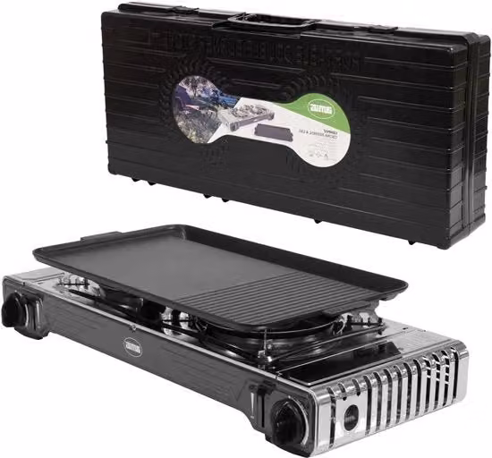 Fornello a gas portatile con 2 fiamme, inclusa piastra grill - ghisa e acciaio inossidabile - 22 kW potenza x 2