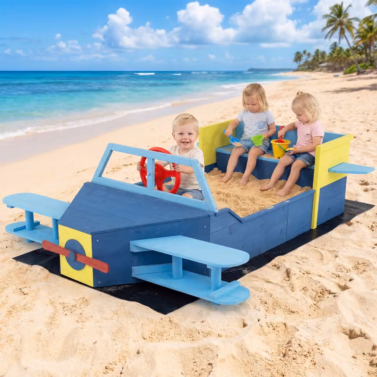 Sabbiera per bambini Costway in legno blu a forma di aliante con panca, elica e timone