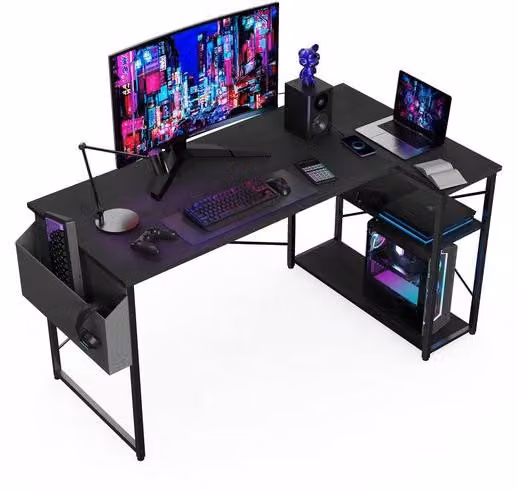 Scrivania a forma di L Unyqoos® 120 x 70 cm – multifunzionale per gaming e lavoro, nera, con spazio contenitivo, ripiani reversibili, altezza 75 cm, realizzata in pannello di particelle di legno e struttura in acciaio