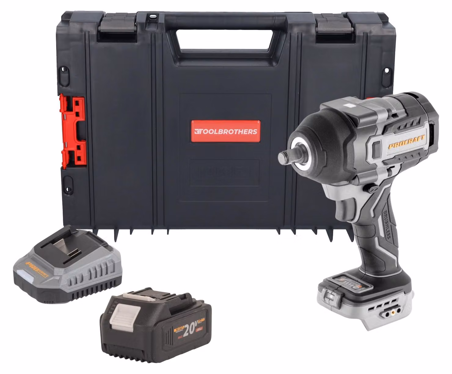 Avvitatore a impatto a batteria ProCraft Industrial IW850A-BB 20 V 850 Nm 1/2" brushless + 1 batteria da 4,0 Ah + caricabatterie + valigetta RHINO