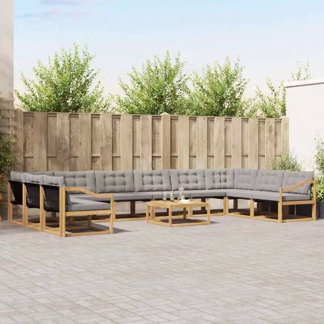Set di divani da esterno a forma di U vidaXL in legno di acacia con tavolino da caffè, 11 pezzi, Bianco e Grigio