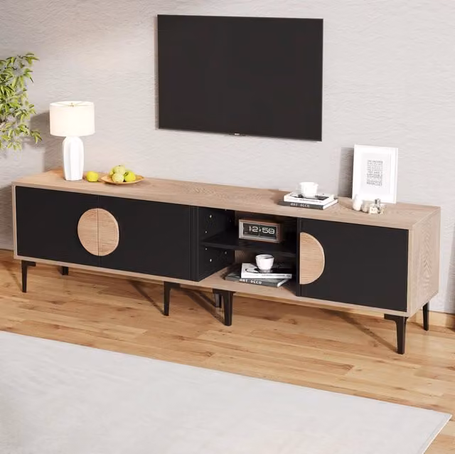 Mobile TV ULEVR 180x35x49 cm con 3 ante e 2 vani aperti, per TV fino a 80 pollici, rovere e nero