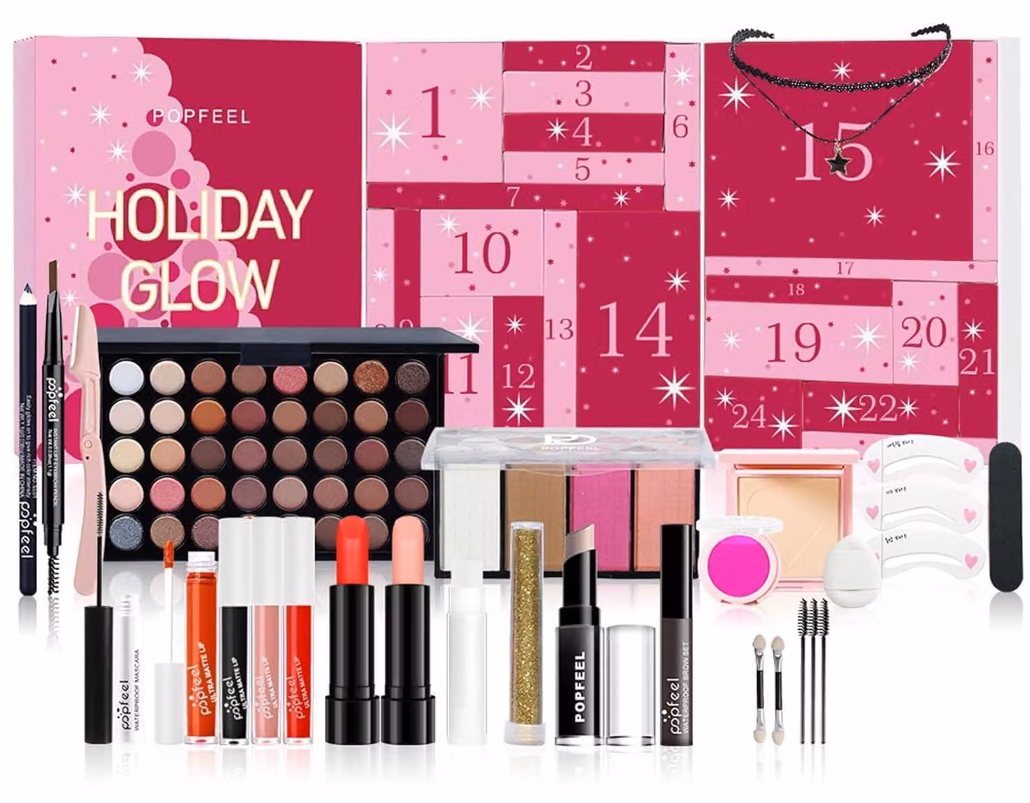 Calendario dell'Avvento 2025: Set di make-up con 24 prodotti, tra cui rossetti, mascara e altri articoli, in diverse tonalità. #F