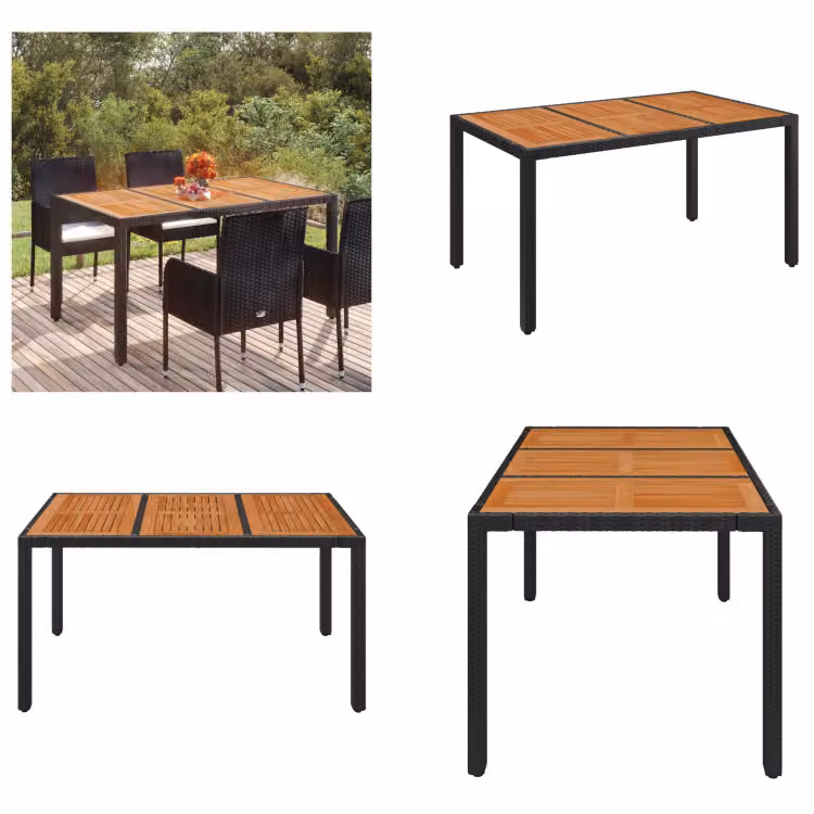 vidaXL Tavolo da giardino con piano in legno nero 150x90x75 cm in poly rattan - Tavolo da giardino con piano in legno - Tavoli da giardino con piano in legno - Mobili da giardino - Tavolo da pranzo