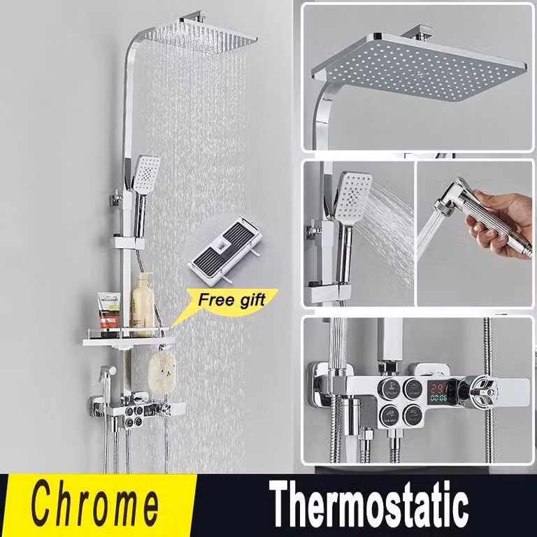 Sistema doccia LCD - Doccia a pioggia termostatica per montaggio a parete - Indicatore di temperatura (alimentato ad acqua) - Doccetta e doccetta per bidet - Bocca per vasca/bocca orientabile - Cromo