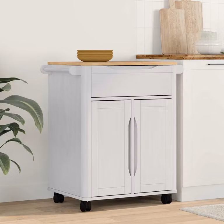 vidaXL Carrello da Cucina FLORO in Legno di Pino Bianco con Ruote L 72,5 cm x P 45 cm x H 80 cm