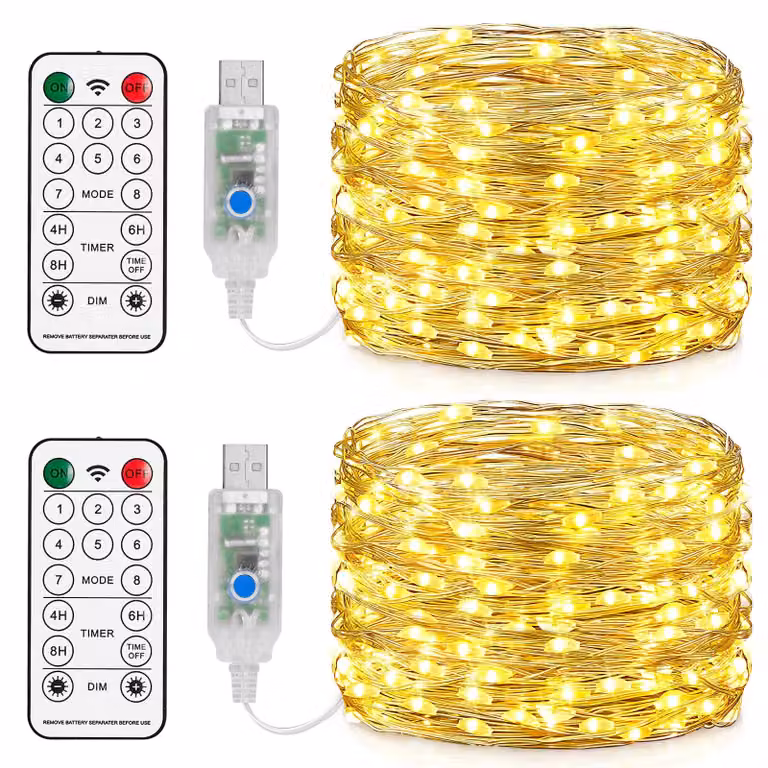 Catena luminosa a LED, 150 LED, 15 metri, alimentazione USB, impermeabile, 8 modalità, con telecomando