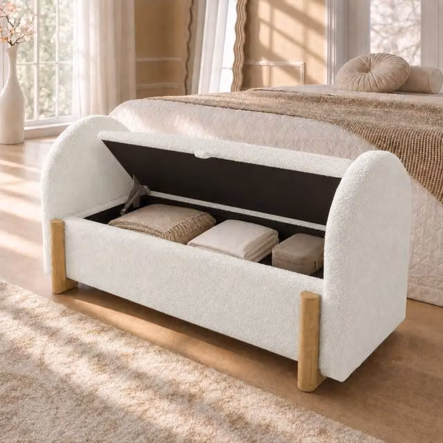 Panca fondo letto con vano contenitore MIVRAY in tessuto bouclé bianco e gambe in legno L: 106 cm, P: 61 cm, H: 47 cm