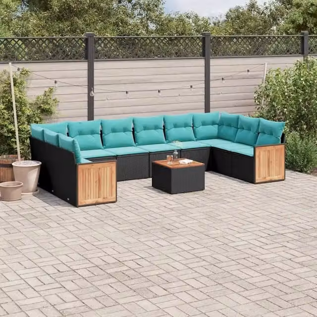 Set Divani da Giardino 11 pz con Cuscini Nero in Polyrattan 3228010
