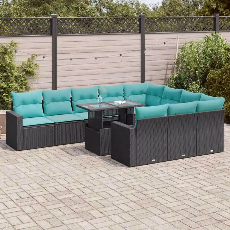 Set di divani da giardino vidaXL 11 pz in polyrattan nero con cuscini blu e tavolino da esterno