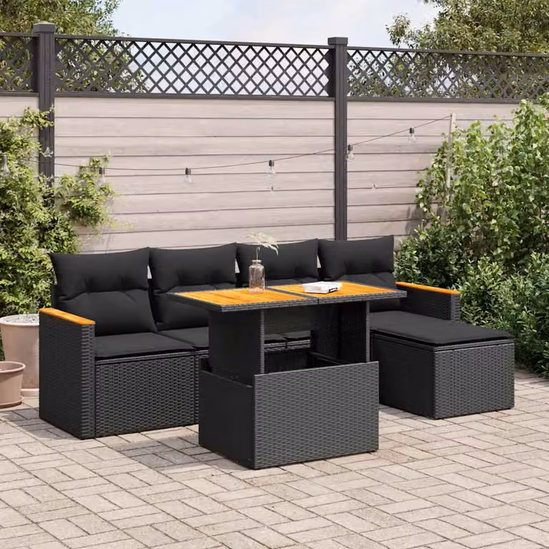 Set Divano da Giardino vidaXL 6 pz in Polyrattan e Legno di Acacia Nero con Cuscini e Tavolino da Esterno