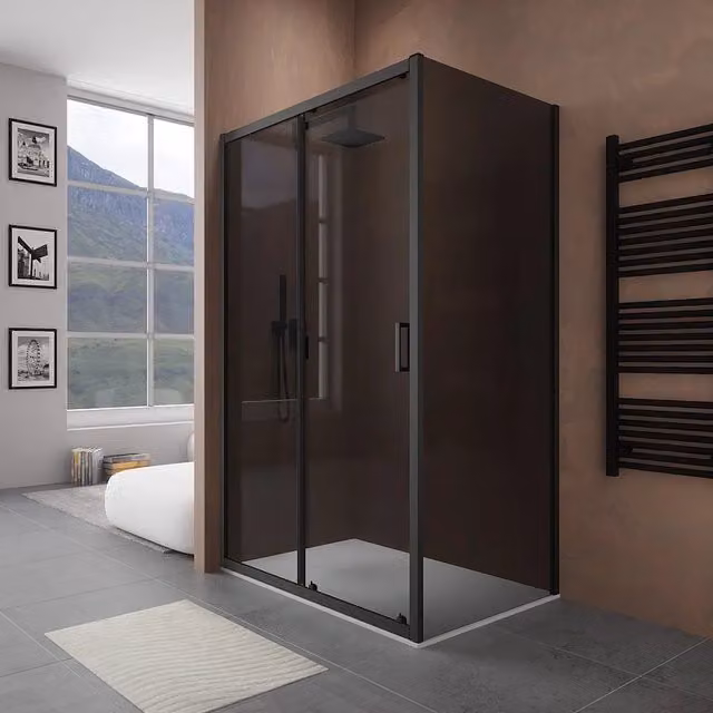 Box doccia 140x90 cm scorrevole vetro 6mm fumè profili nero opaco h185 |Tonga