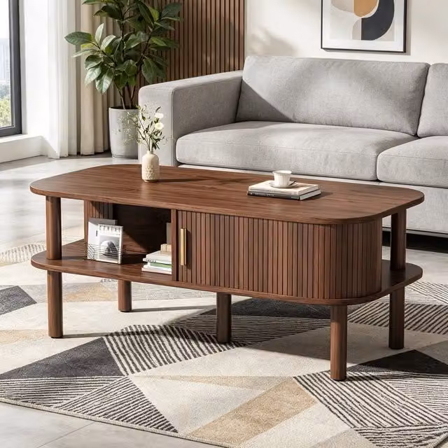 Tavolino da caffè Minimal con ripiani e cassetti in stile scandinavo, effetto noce, L: 110 cm, P: 55 cm, H: 45 cm
