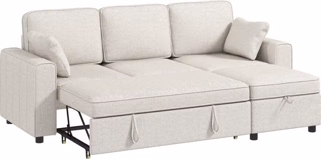 Divano letto angolare HOMCOM a 3 posti in ciniglia beige con pouf contenitore reversibile e funzione letto per adulti