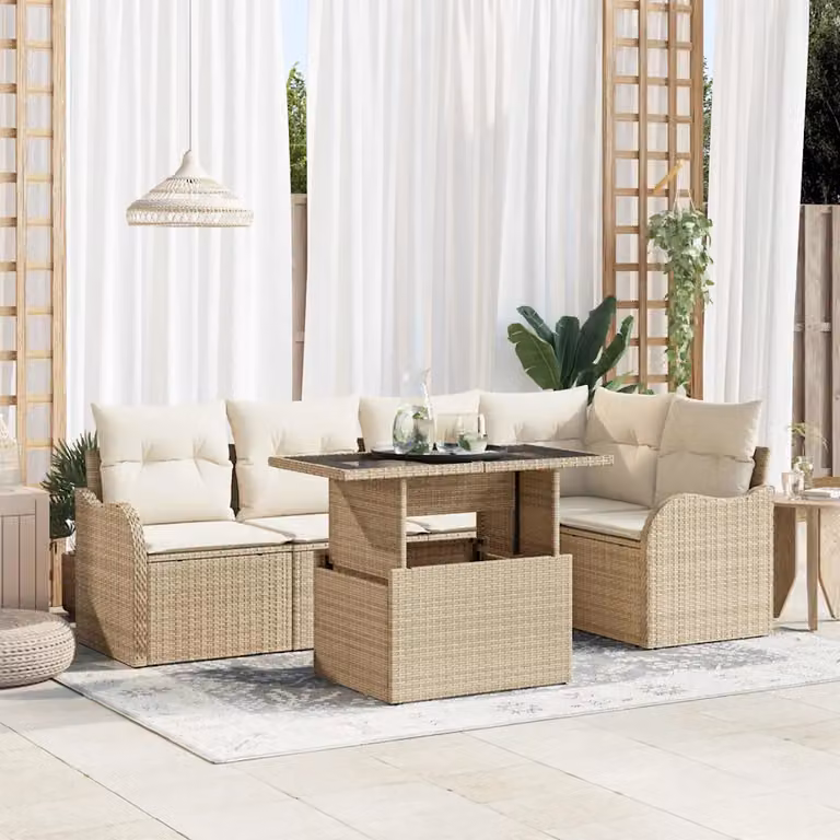 Set da pranzo moderno vidaXL in polyrattan e vetro beige con 6 sedie per giardino e terrazza