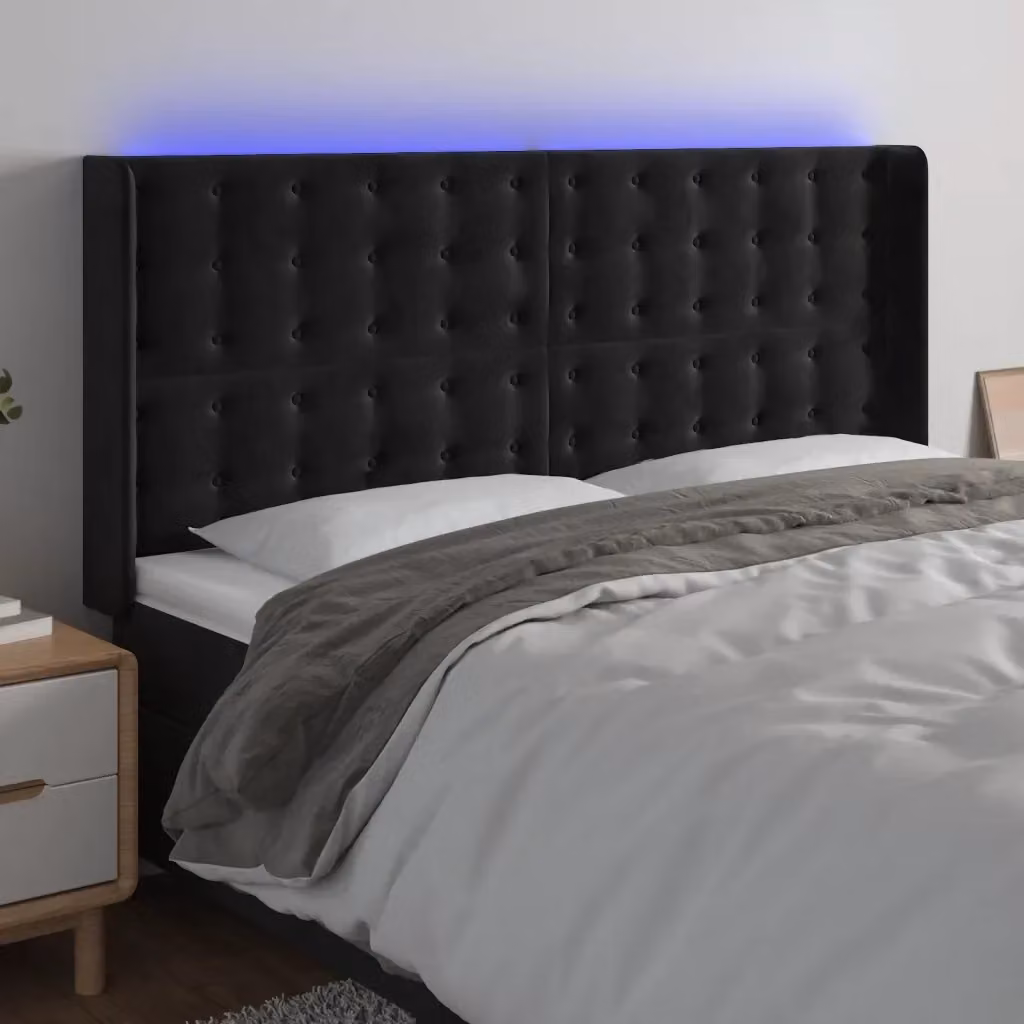 Testata del letto con illuminazione LED e porta di ricarica USB in velluto nero, L: 203 cm, P: 16 cm, H: 118/128 cm – 2