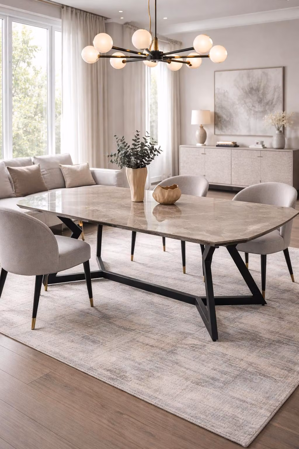 Tavolo da pranzo moderno, minimalista, grigio, elegante, di classe, confortevole