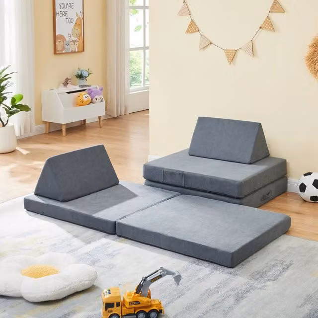 Divano Componibile per Bambini Norhulta en.casa Set Modulare Imbottito in Velluto a Coste Grigio L: 150 cm, P: 66 cm, H: 46 cm