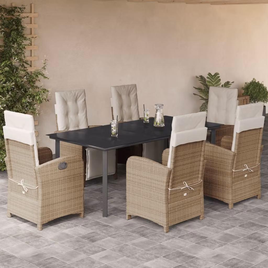 Set da Pranzo da Giardino vidaXL in Polyrattan con Cuscini Beige e Tavolo in Vetro, 7 Pezzi – 1