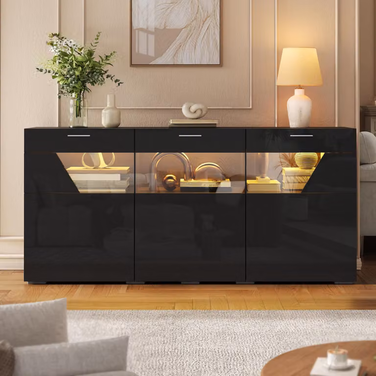 Mobile bar/credenza Merax, finitura lucida, con 3 ante, mobile contenitore con frontali in vetro, vetrina a forma trapezoidale, mobile per soggiorno con illuminazione LED integrata, colore nero