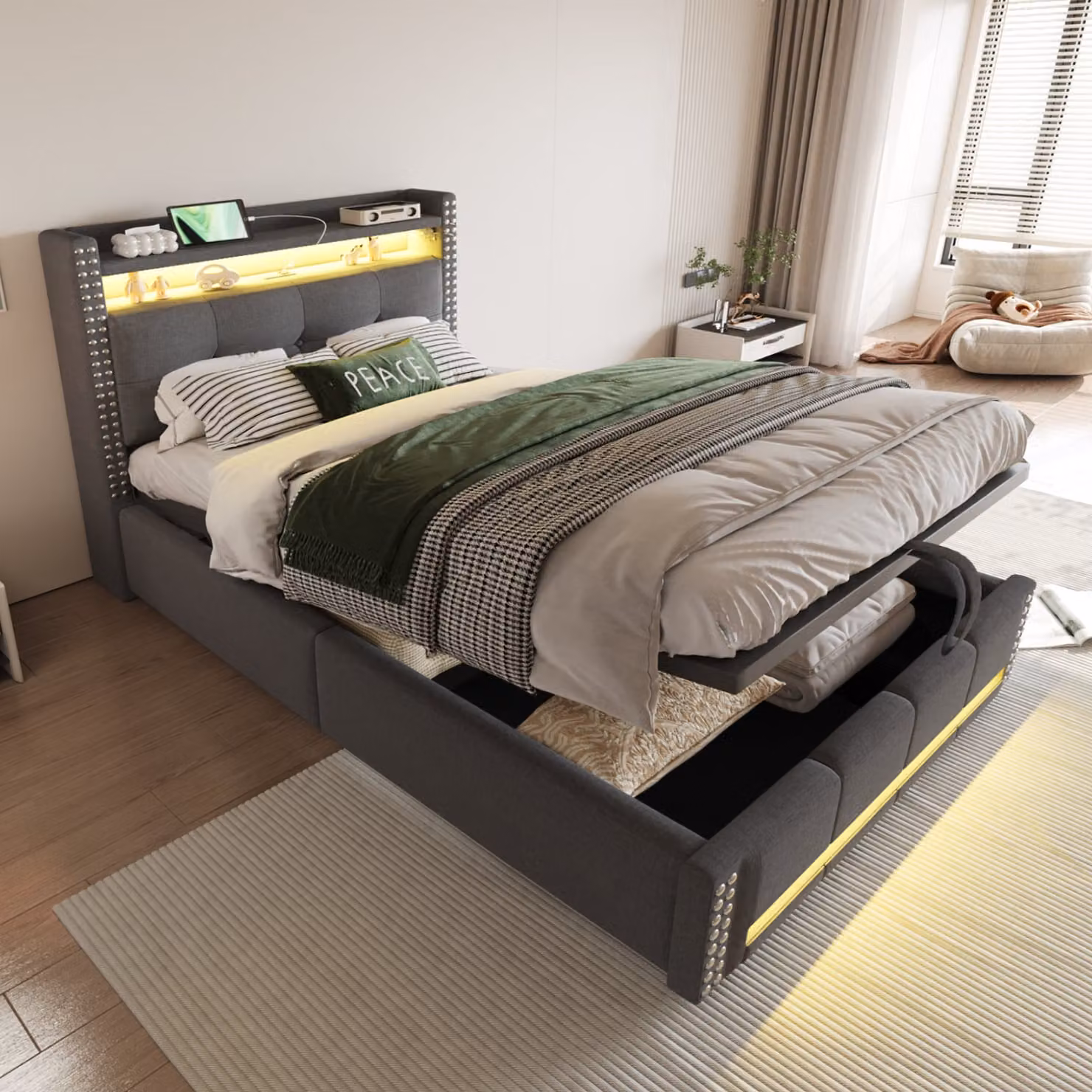 Letto imbottito Flieks 90x200cm con funzione di ricarica (USB e presa di corrente), letto a molle insacchettate con contenitore, letto per ragazzi letto singolo con LED, biancheria, grigio