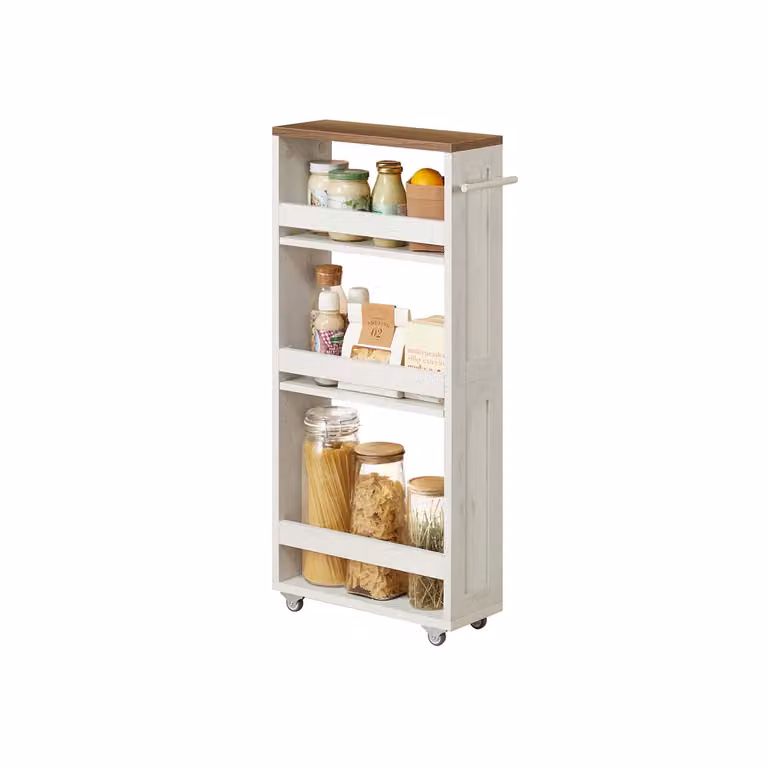 Carrello stretto con maniglia e rotelle, Bianco Vintage + Marrone Miele