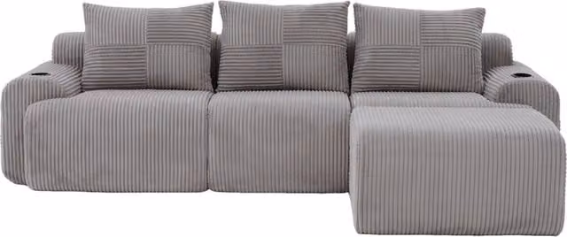 Divano modulare 3 posti 268x174x80 cm in tessuto a coste con portabevande; grigio chiaro