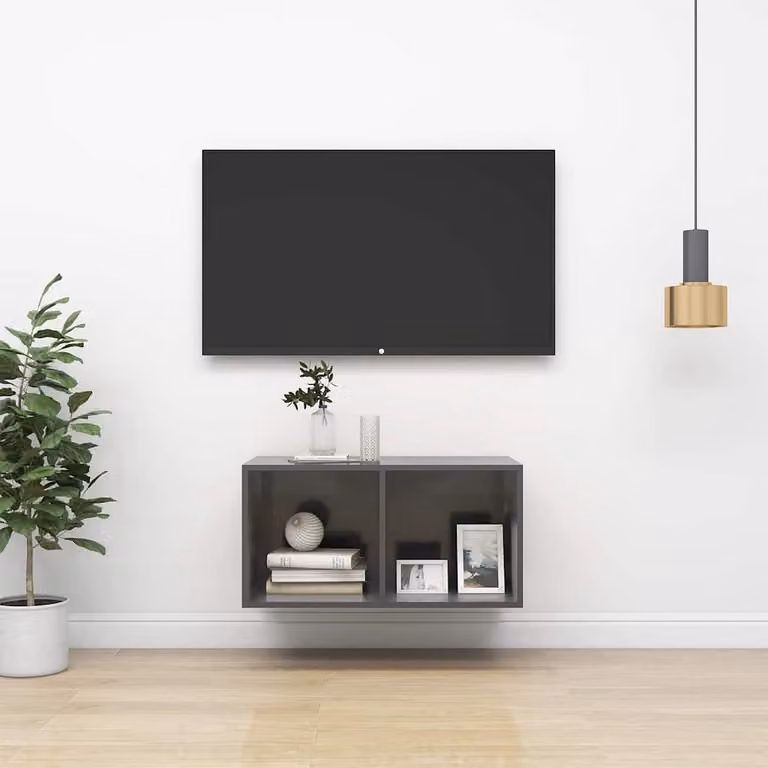 Mobile TV da parete vidaXL in legno multistrato e MDF, Grigio Lucido, L 37 cm x P 37 cm x H 72 cm