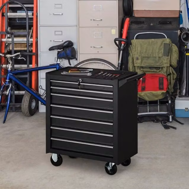 Carrello portautensili 69x33x75 cm nero in acciaio; 7 cassetti con serratura