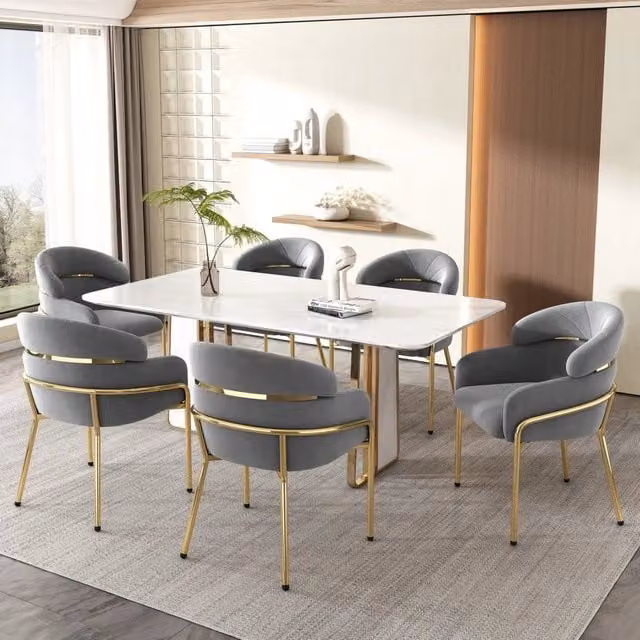 Set di 6 sedie da pranzo in velluto grigio con gambe in metallo