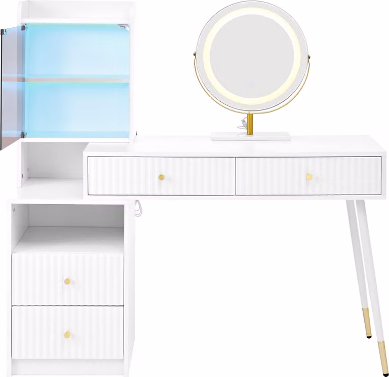 Set da toilette con specchio LED a tre colori, quattro cassetti, 1 mobiletto illuminato con anta in vetro, 1 vano a giorno, bianco, (senza sgabello)