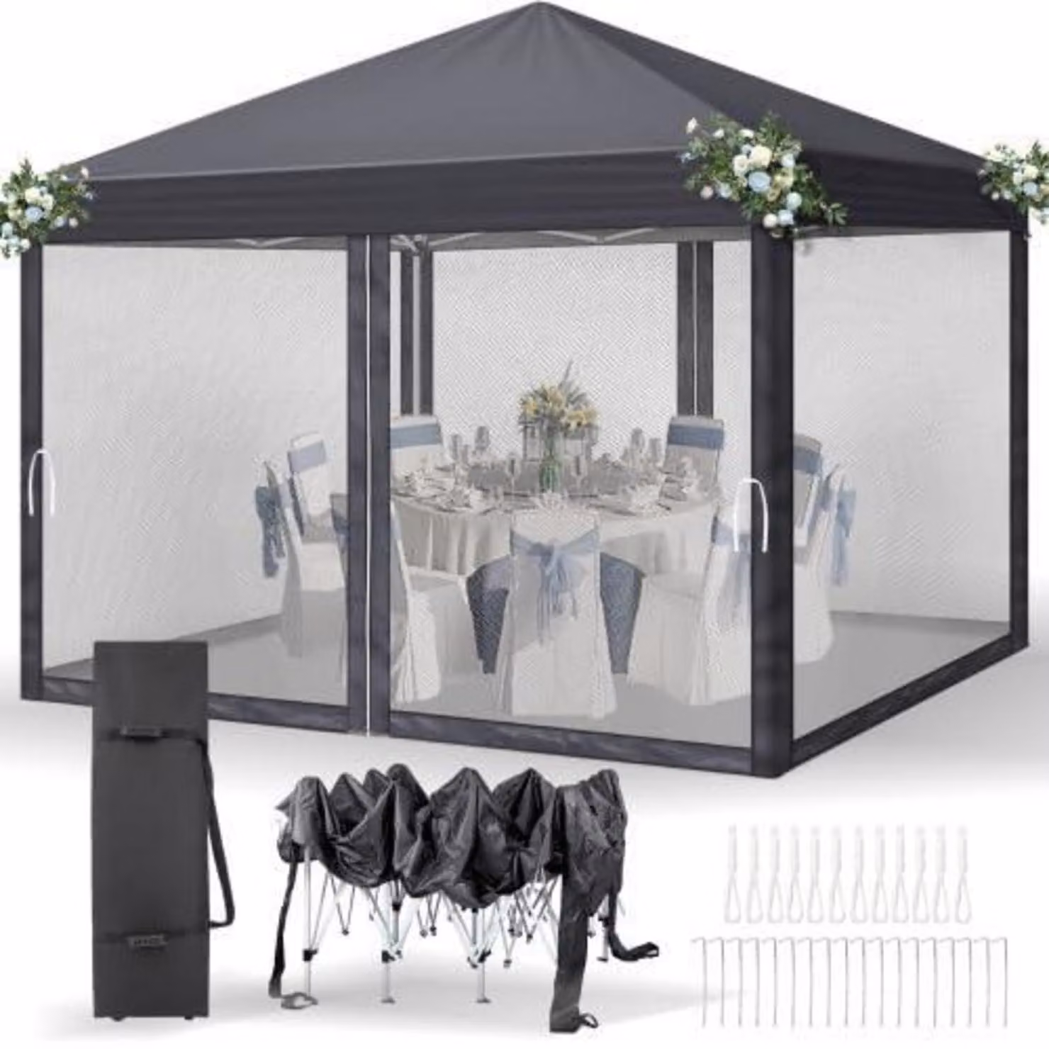 Gazebo da 3x3 metri, impermeabile, con protezione UV 50+, dotato di 4 pannelli laterali in rete, colore grigio scuro