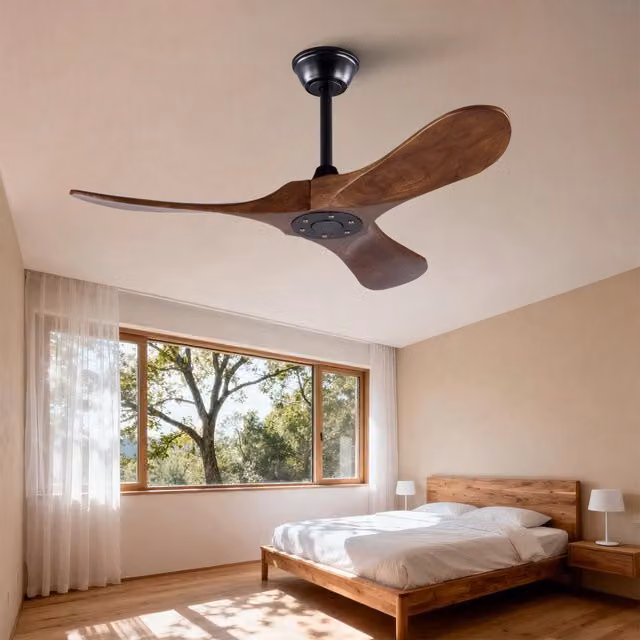 Ventilatore a soffitto Minimal con 3 pale in legno finitura noce e telecomando, ideale per esterno, giardino o soggiorno, colore marrone e nero