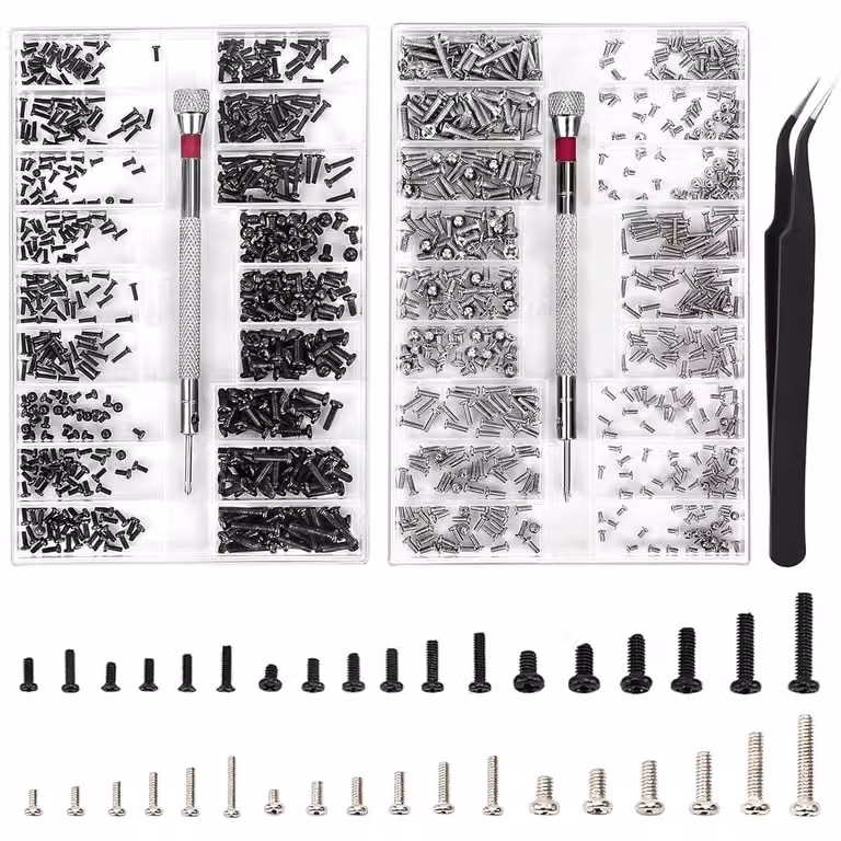 Set di viti da 1000 pezzi - Mini set di cacciaviti - Pinzette per riparazioni - Scatola assortita di viti - Acciaio al carbonio - Resistente e robusto